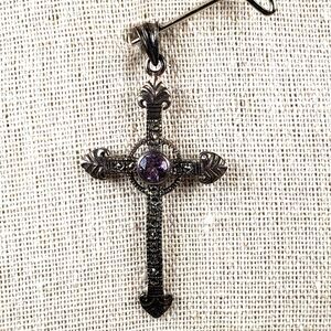 Vintage 1970'S Italian SU 925 Crucifix Amethyst Gemstone Marcasite Pendant